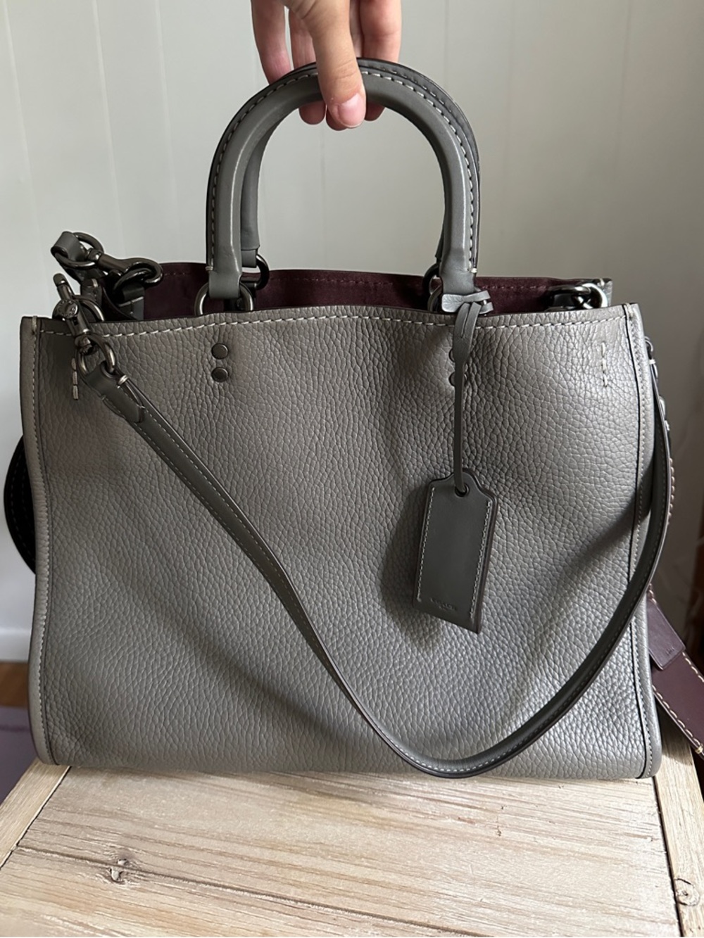 coach rogue 31 in heather grey & oxblood suede